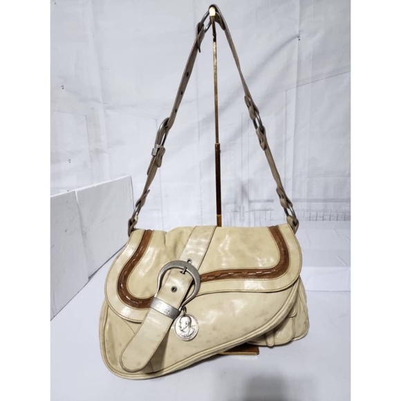 Authentic Christian Dior Vintage Medium Gaucho Saddle Bag Cream/Brown - Picture 1 of 15